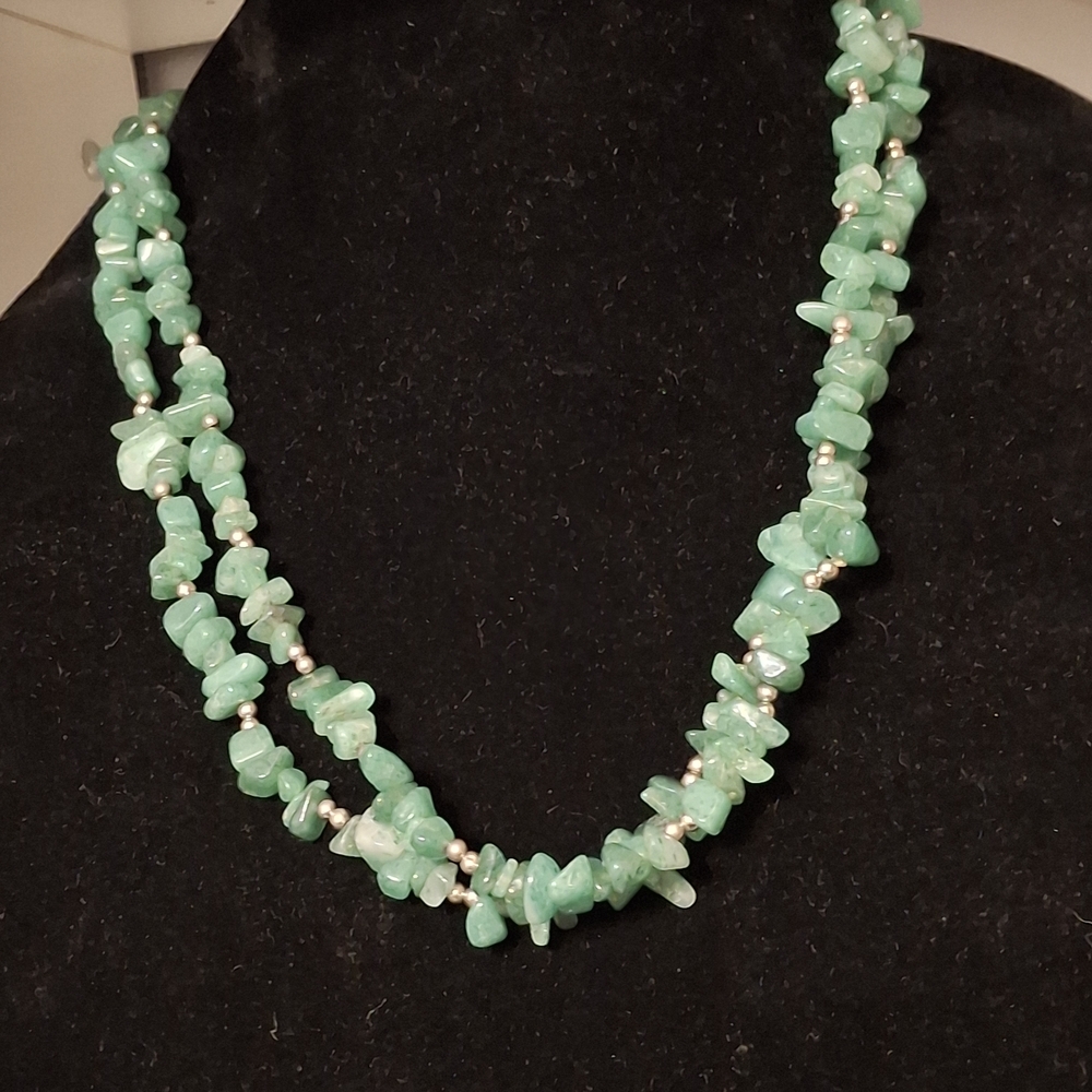 Adventurine Natural Green Stone and Silver Beaded 30" Necklace - Picture 2 of 6